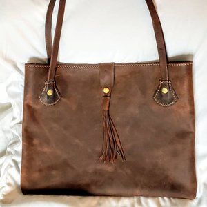 Brown Leather Handbag Tote with Tassel
